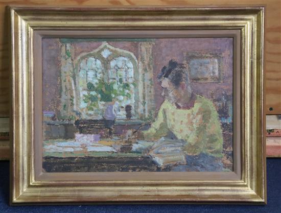 § Edward Le Bas, R.A. (1904-1966) Raymond Mortimer writing at a table in the study of The Bothy, Culham Court, Henley-on-Thames, circa